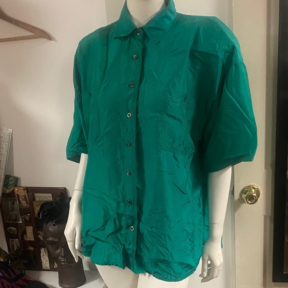 Vintage 90s Bentley Teal Silk Oversized Shirt L - Picture 2 of 6